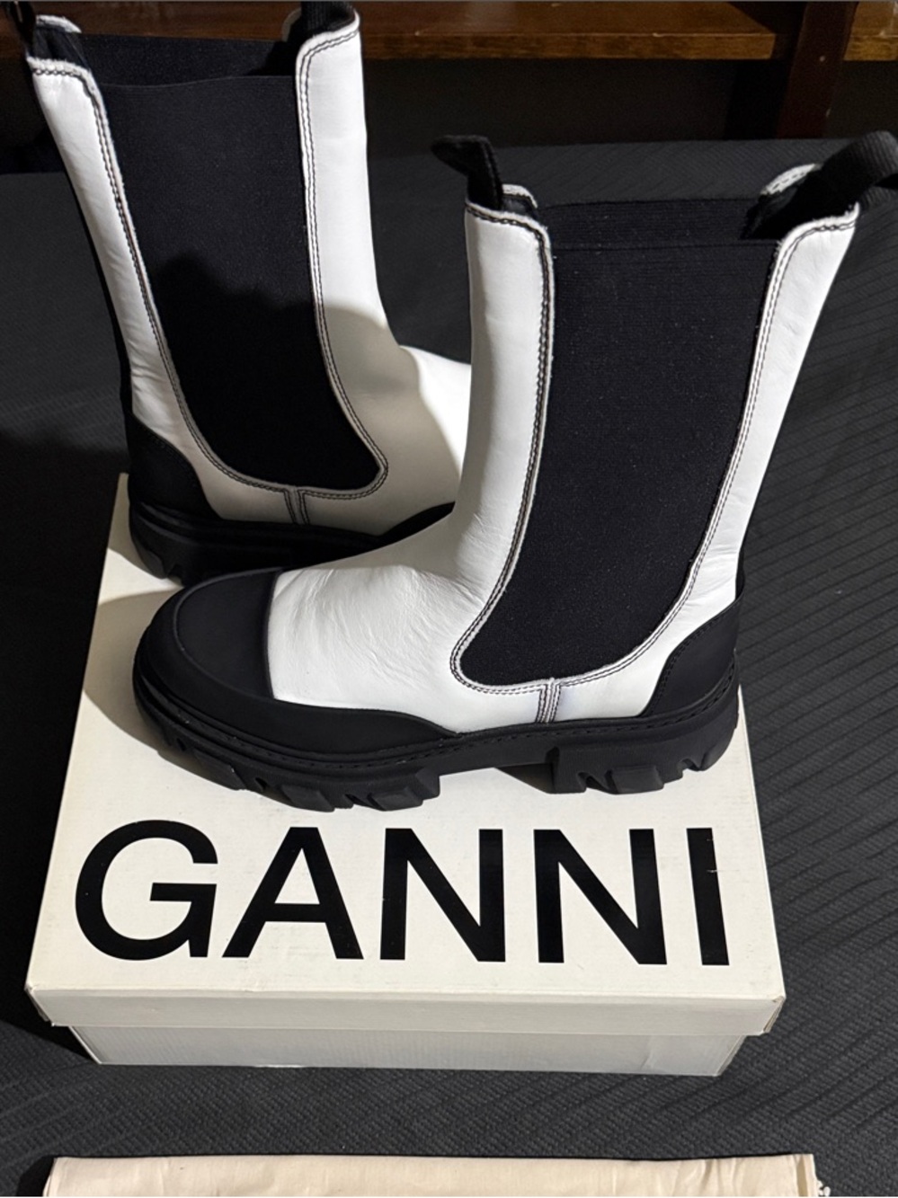 Ganni White and Black Leather Chelsea Lug Boots